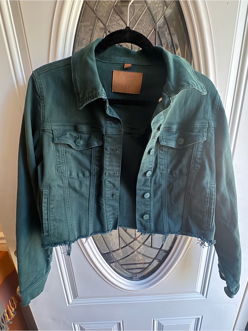Judy Blue JB7864 M Teal Cropped Denim Jacket Distressed Raw Hem